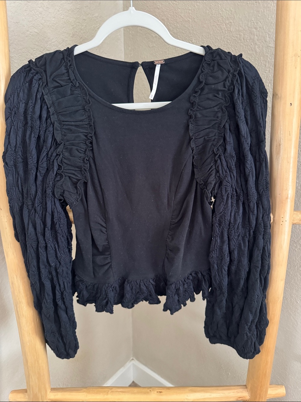 Free People Black Ruffled Puff-Sleeve Blouse